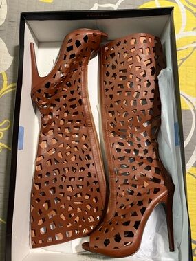 Women's Brown Cutout Peep-Toe Stiletto Boots